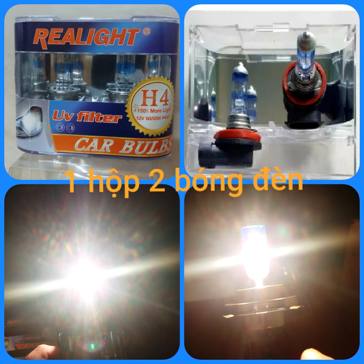 Bóng đèn halogen 12v tăng sáng 150 gồm các chân h1,h3,h4,h7,h8,h11,h16,hb3,hb4,9012,9005,9006,hir2 chính hãng 2 bóng