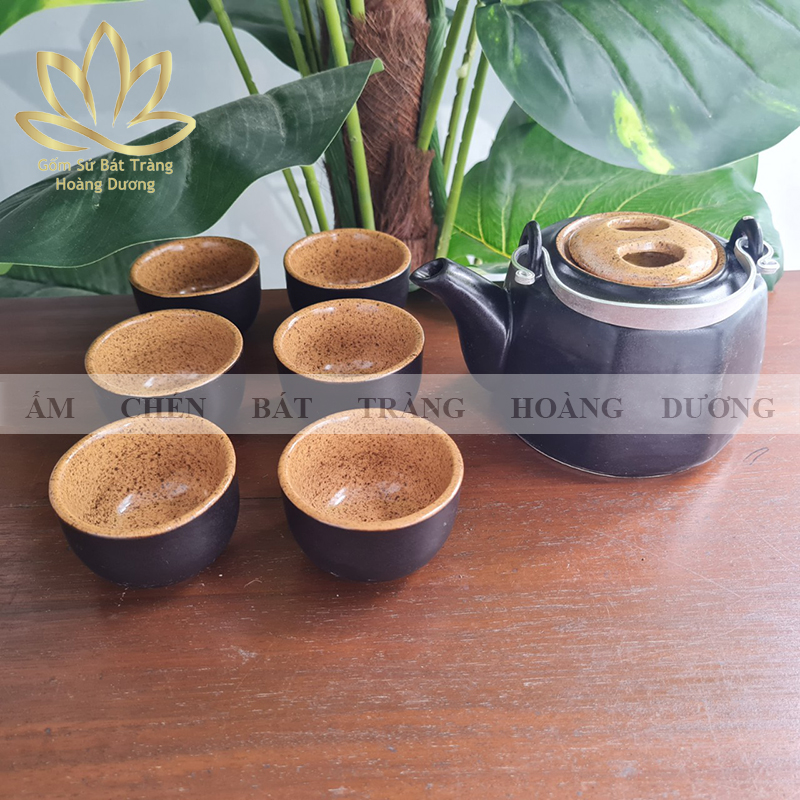 Bộ ấm chén Bát Tràng men bóng dáng tích 350ml màu đen nâu