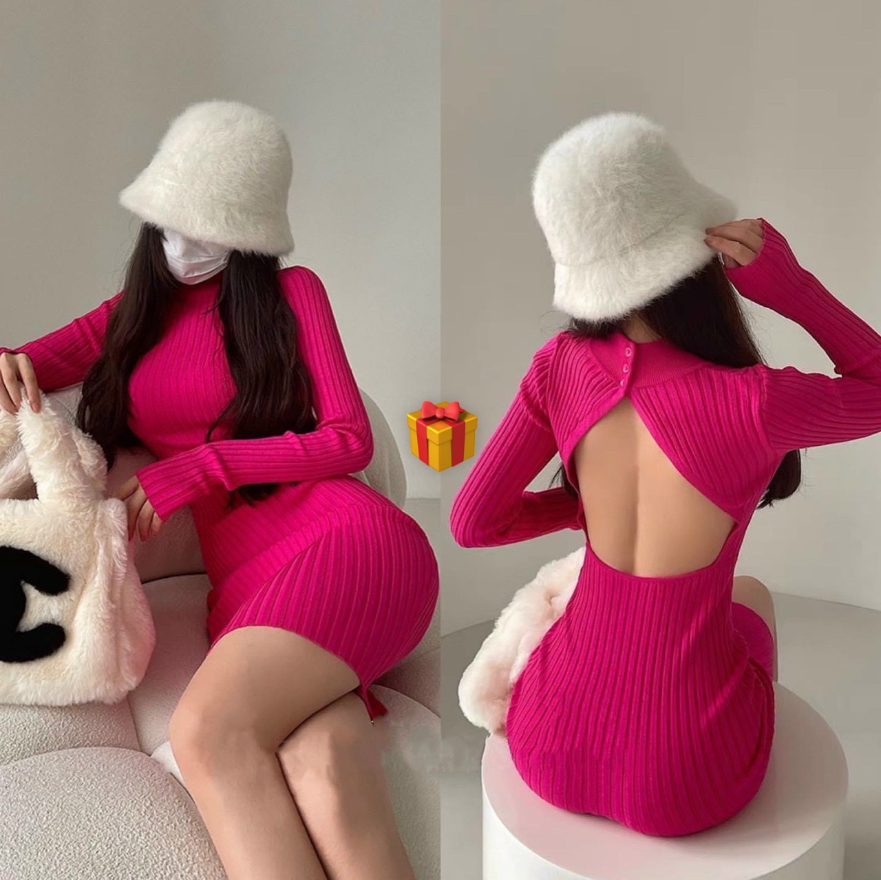 Đầm gân đũa tay dài hở lưng giọt nước ôm body cực hot