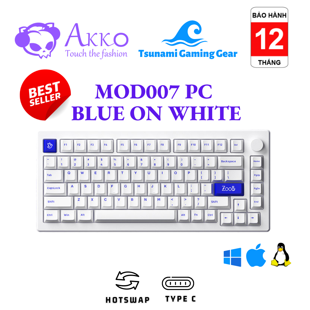 Bàn phím cơ AKKO MOD007 PC Blue on White/ Mạch xuôi/ Hotswap / Gasket Mount / Clacky