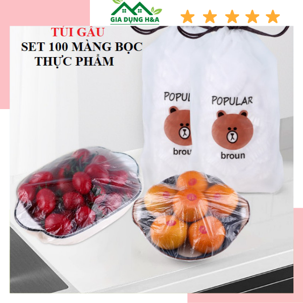 Set 100 màng bọc thực phẩm túi gấu, màng bọc thực phẩm PE có chun bọc đồ ăn co giãn tái sử dụng nhiều lần