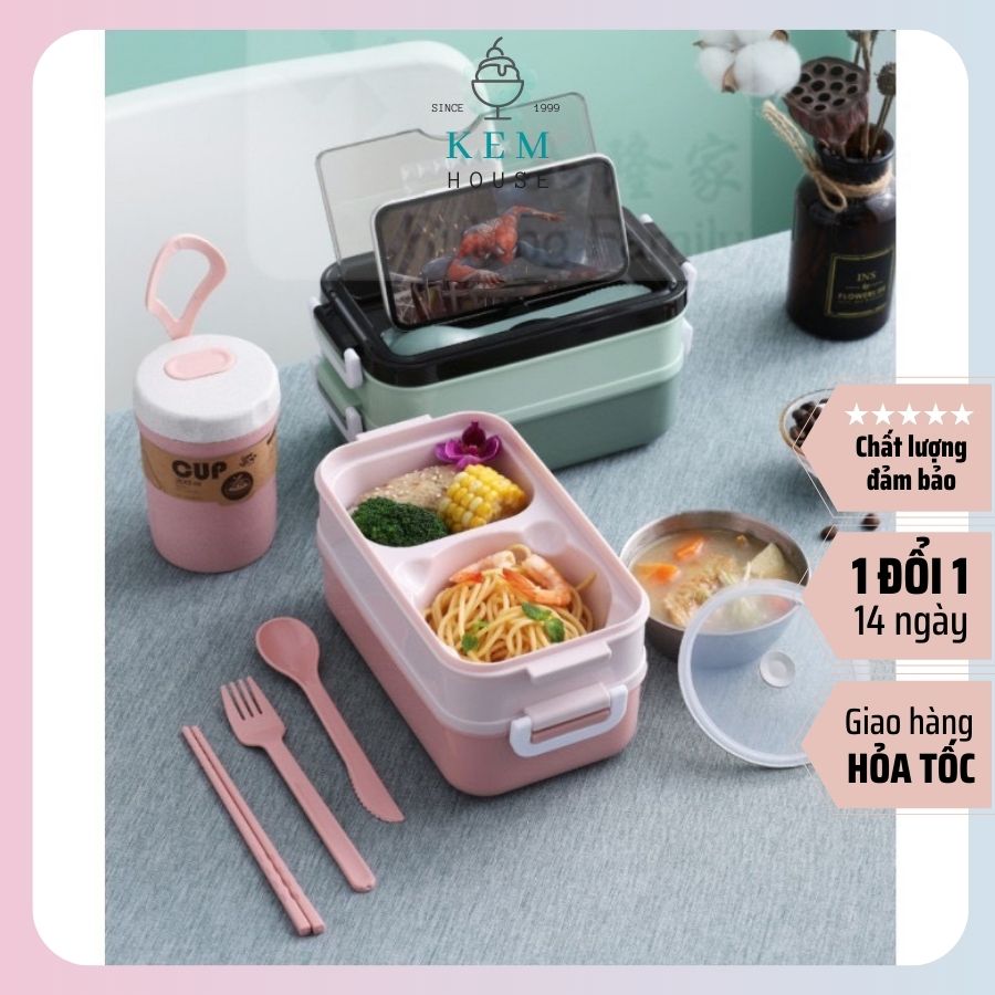 Hộp cơm giữ nhiệt 2 tầng inox 304 tặng kèm bộ đũa thìa và bát canh