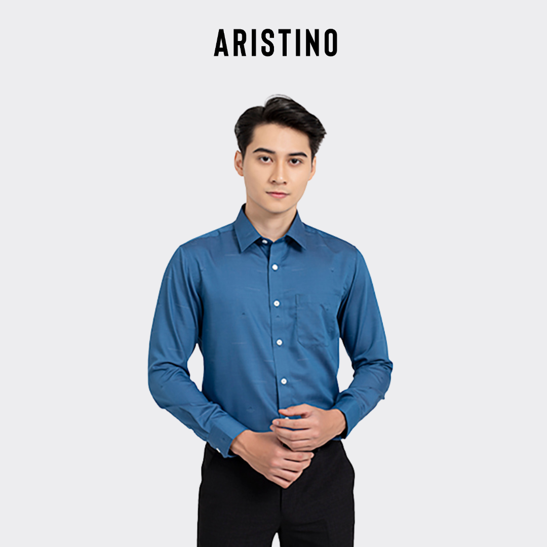 Áo sơ mi dài tay nam ARISTINO thiết kế tà lượn, màu xanh nam tính dệt dobby tạo hiệu ứng họa tiết kẻ trắng độc đáo - ALS28301