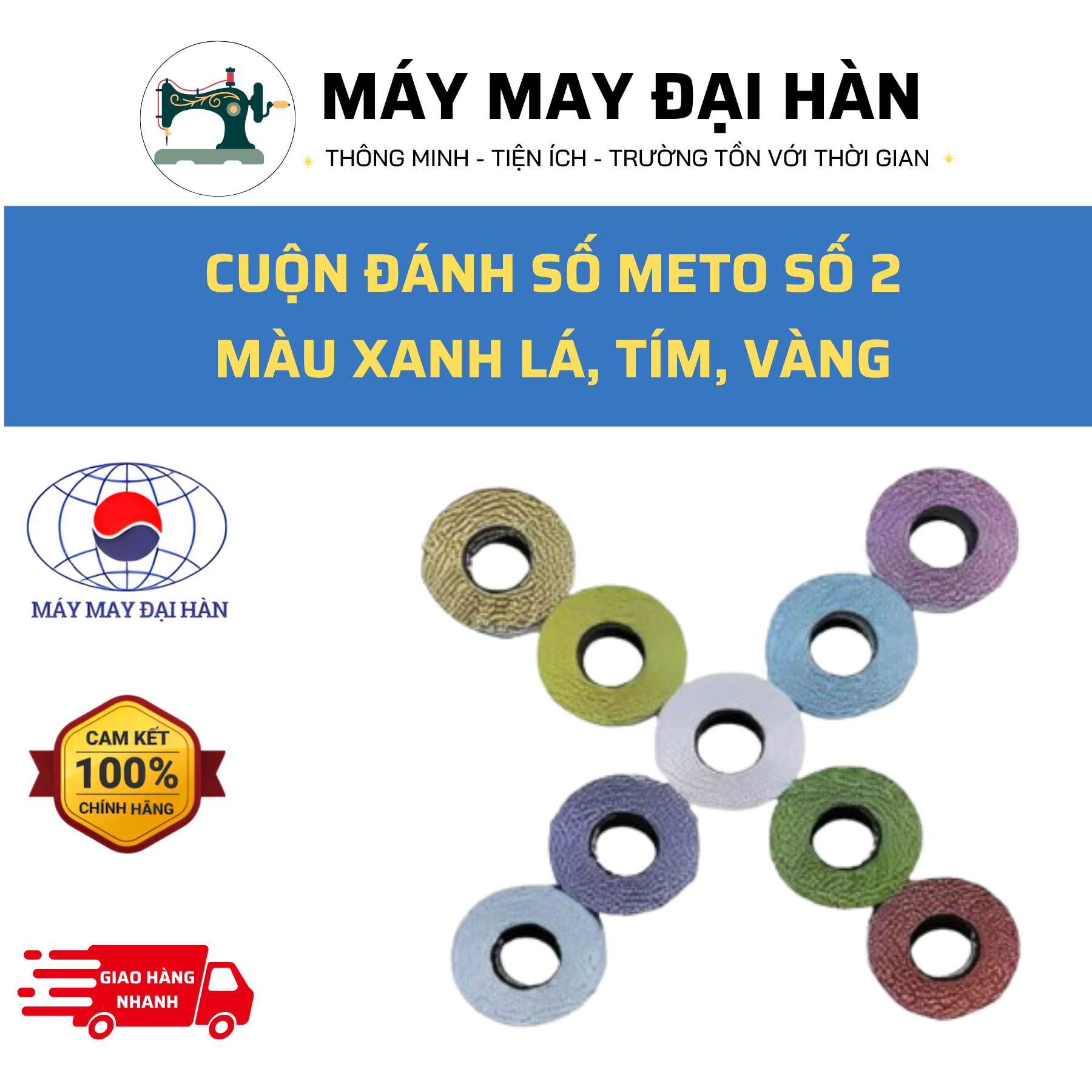 Cuộn đánh số meto số 2 màu xanh lá, tím, vàng