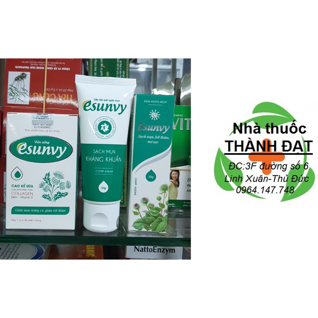 Combo bộ sản phẩm mụn Esunvy gồm kem bôi, viên uống, sữa rửa mặt