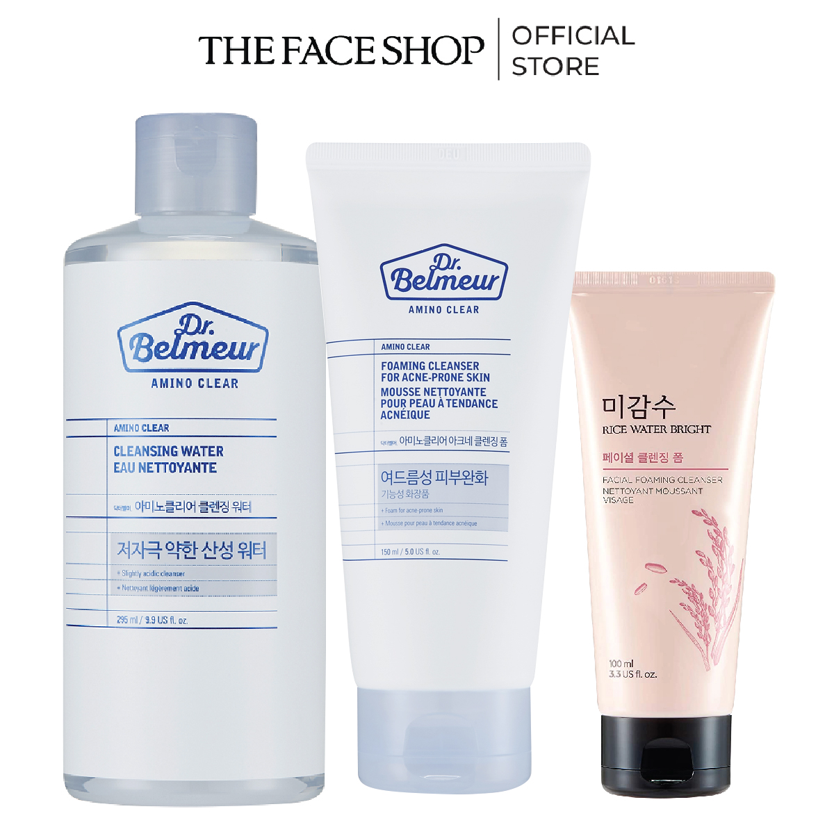 Combo nước tẩy trang thefaceshop 295ml+sữa rửa mặt 150ml+sữa rửa mặt rice 100ml