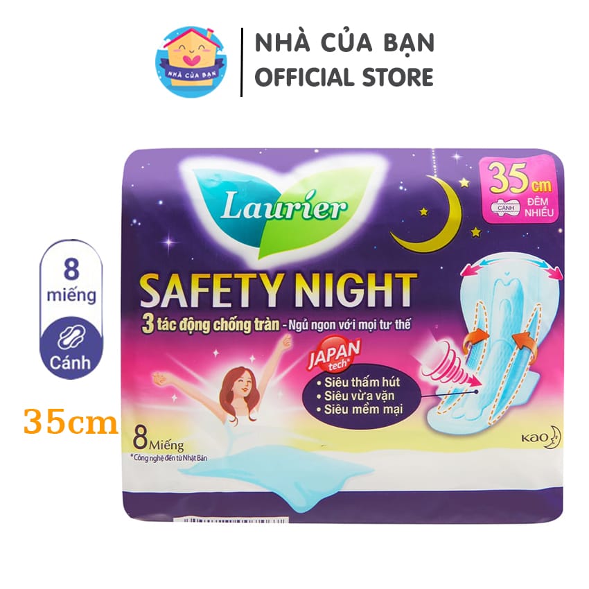 Băng vệ sinh ban đêm Laurier Safety Night siêu an toàn 8 miếng 35cm, siêu thấm hút, chống tràn, ngủ ngon mọi tư thế, cực mềm mại, nhập khẩu Thái Lan, Hạn sử dụng 3 năm