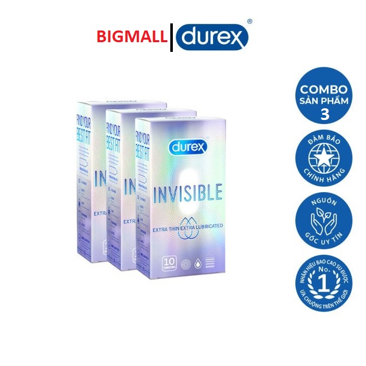 Freeship Bộ 3 hộp bao cao su siêu mỏng Durex Invisible 10 cái