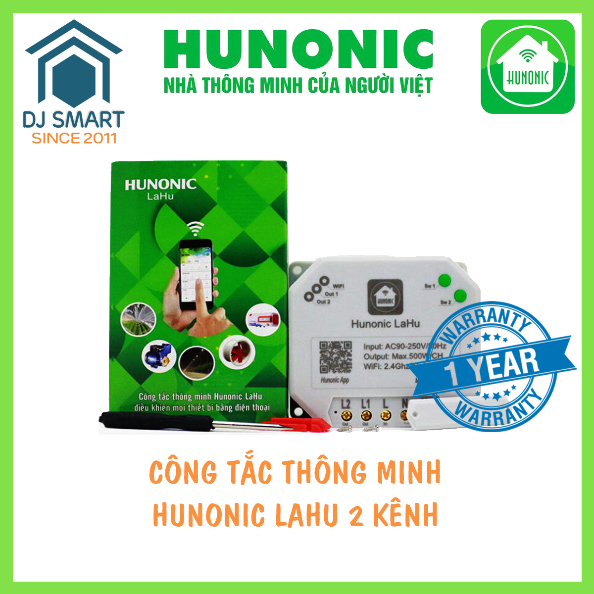 Công tắc thông minh Hunonic Lahu 2 kênh ( 500W/kênh ), điều khiển mọi thiết bị từ xa qua điện thoại - CHÍNH HÃNG BẢO HÀNH 1 ĐỔI 1 TRONG 12 THÁNG