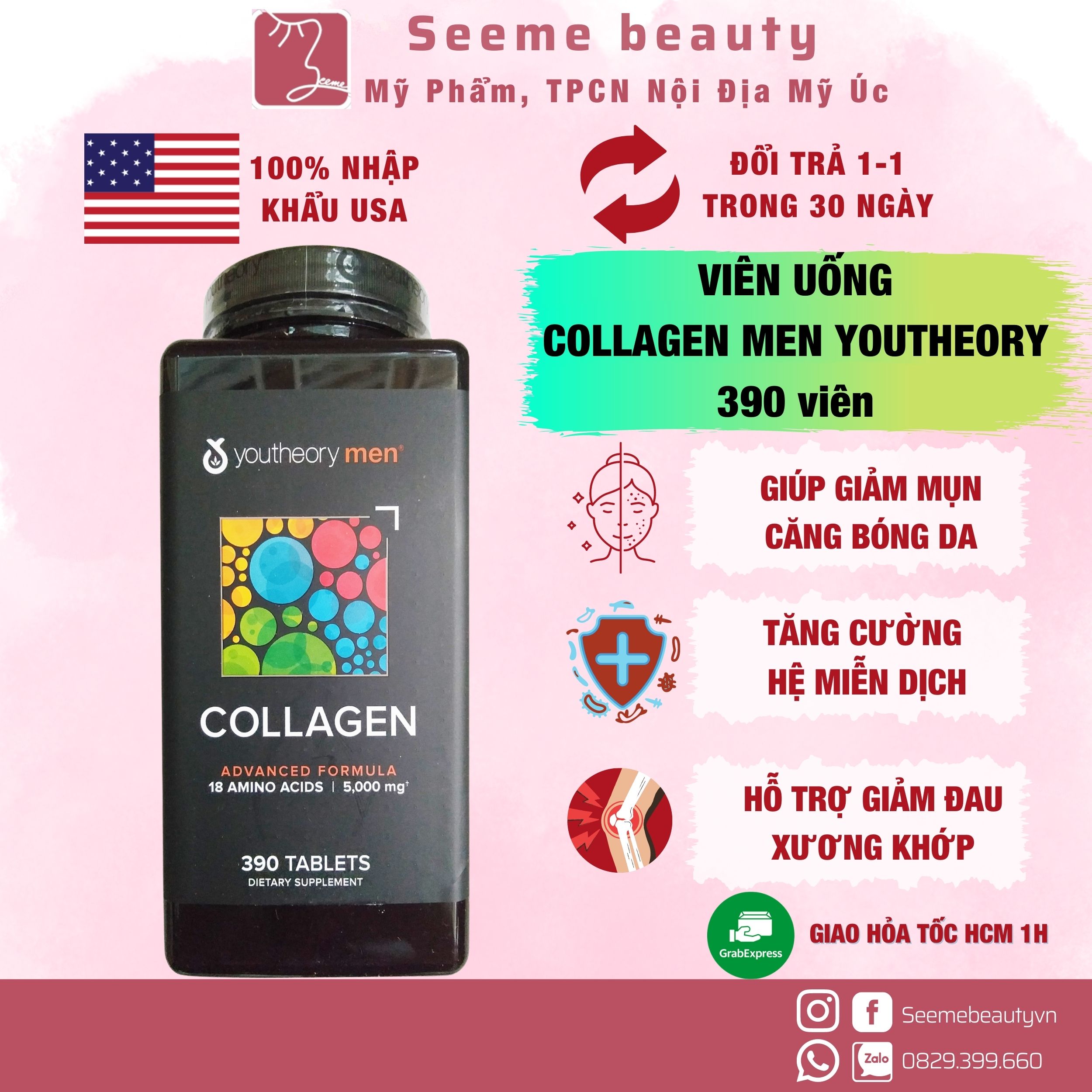 [HOÀN TIỀN 15%] [HÀNG MỸ] Collagen Men youtheory dành cho Nam giới 390 viên Seeme Beauty