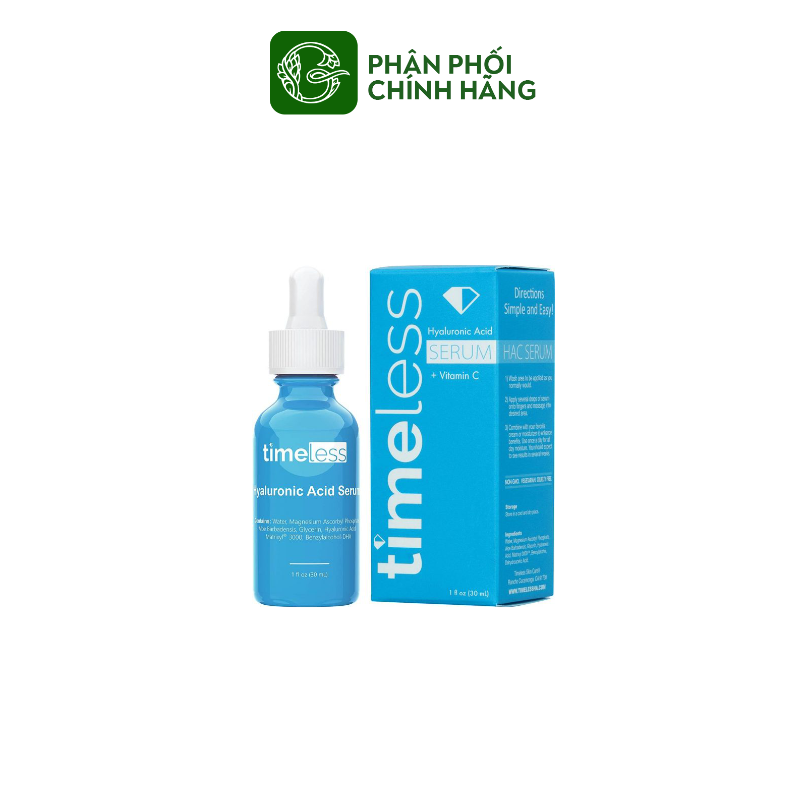 Tinh chất cấp ẩm, sáng da, mờ thâm Timeless Pure Natural Hyaluronic Acid + Vitamin C Serum 30ml