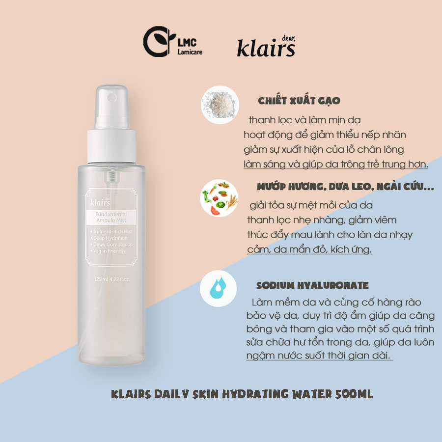 Xịt khoáng Klairs dưỡng ẩm, làm dịu da fundamental ampule Mist 125 ml