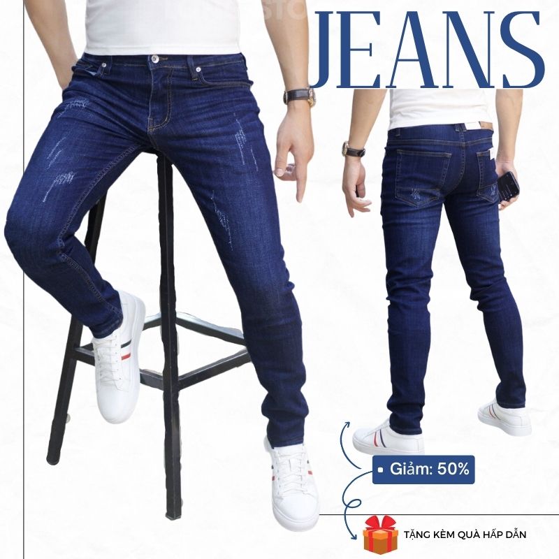 (Quà Tặng) Quần jean nam xanh đậm cào xước đơn giản