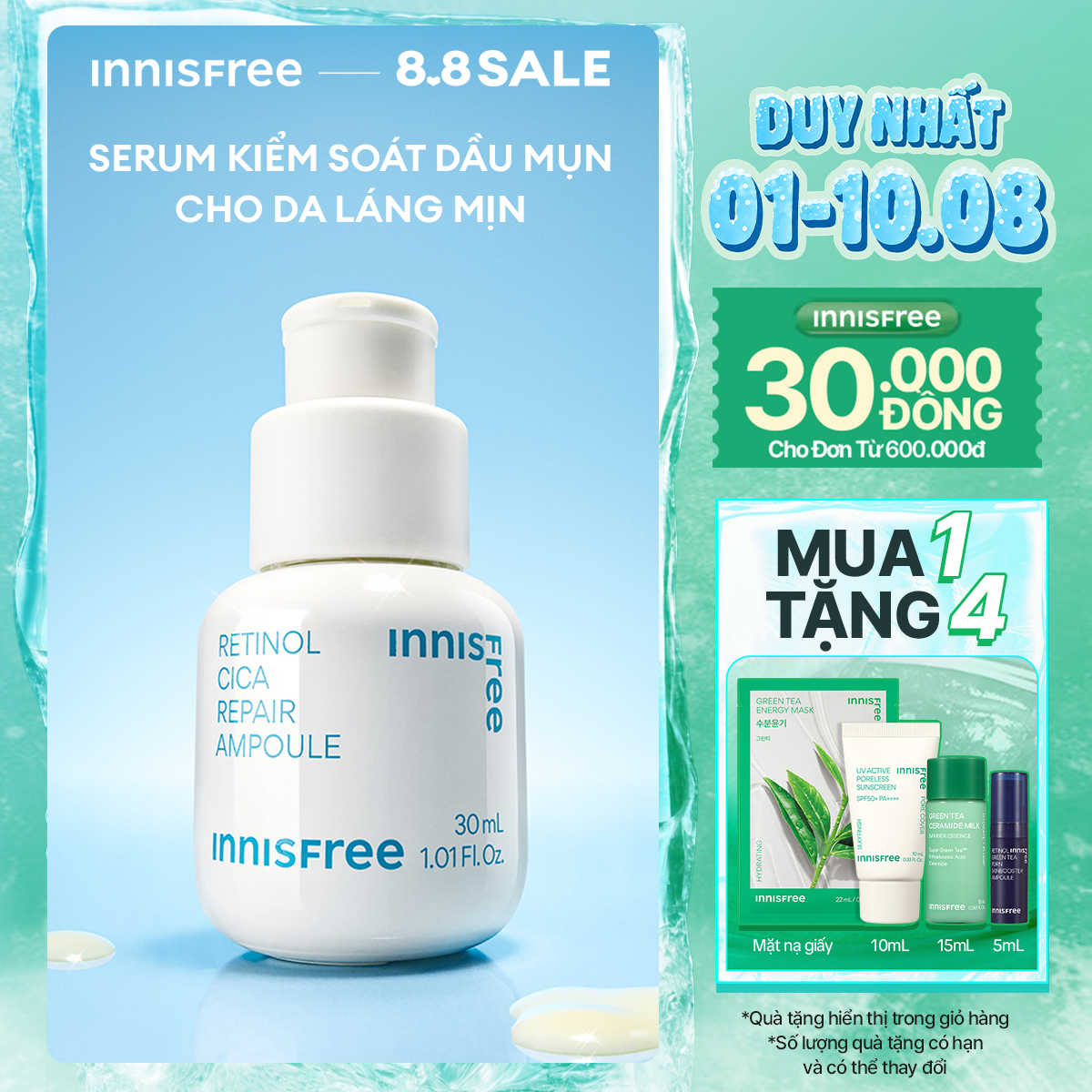 Serum kiểm soát dầu mụn cho da láng mịn INNISFREE Retinol Cica Repair Ampoule