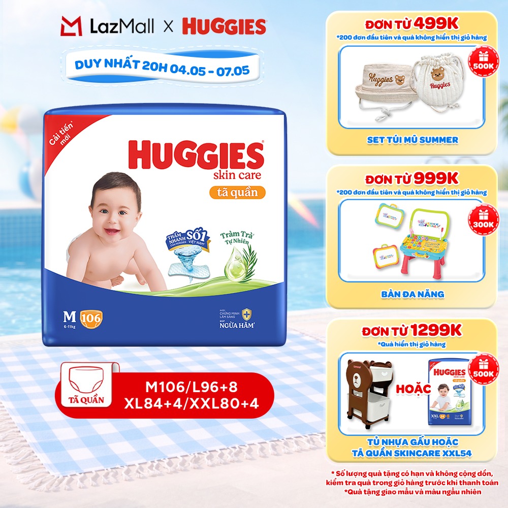 Tã quần Huggies Skincare Mega Jumbo M106/L100+4/XL84+4/XXL76+4 với tràm trà dịu da