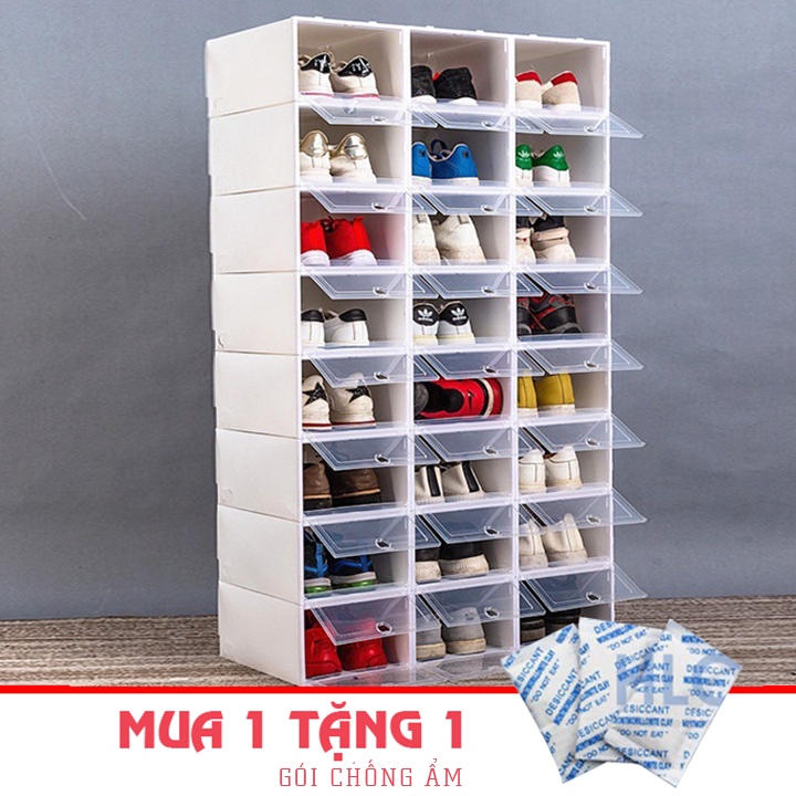 [HCM]Hộp Đựng Giày Nắp Nhựa Cứng Trong Suôt  Kệ Để Giày Dép Tủ Giày Lắp Ráp Size Nam Nữ ( Tặng Gói Hút Ẩm )
