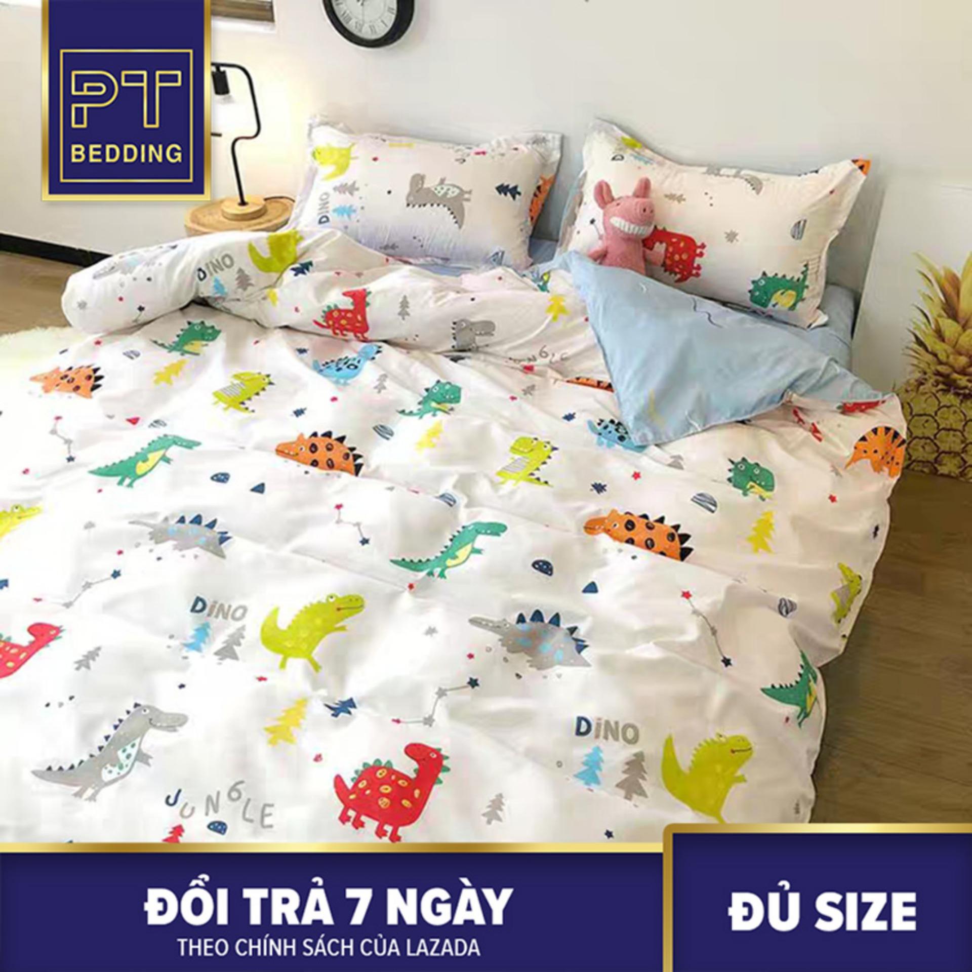 Bộ chăn ga gối trắng họa tiết khủng long nhiều màu
