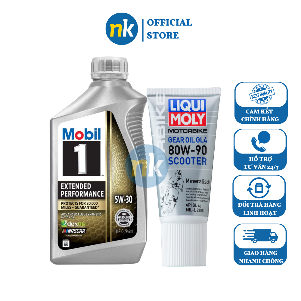 Combo Nhớt tổng hợp cao cấp xe tay ga Mobil 1 EP 5W30 946ml (Mỹ) và Nhớt hộp số Liqui Moly 80W90 150ml