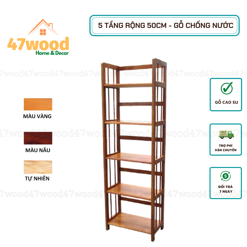 Kệ sách 5 tầng 50cm gỗ cao su lắp ráp - Kệ gỗ đa năng 5 tầng 47wood