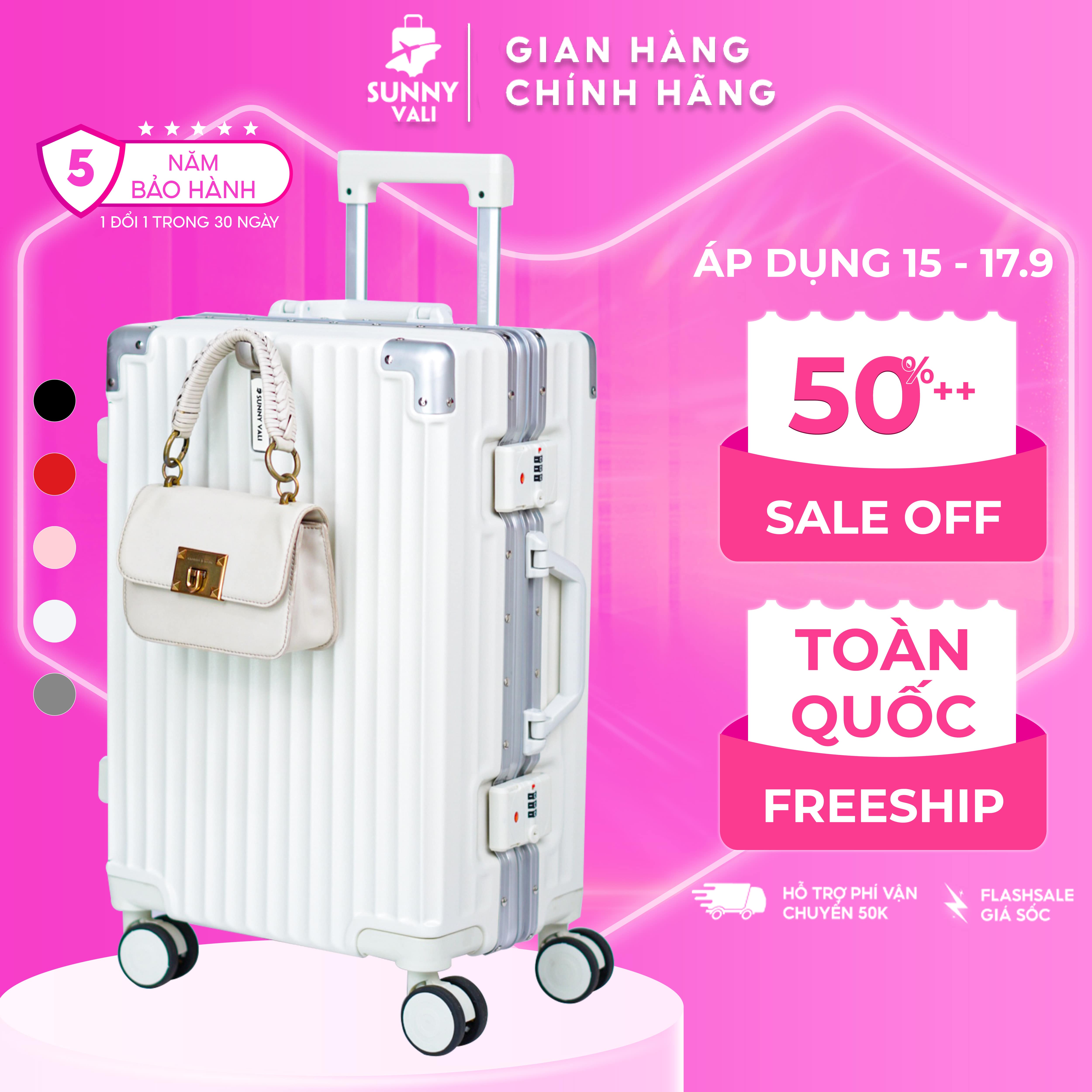 Vali du lịch khung nhôm SUNNY LUMI LM01 Vali nhựa PC thời trang khóa hải quan TSA bảo hành 5 năm