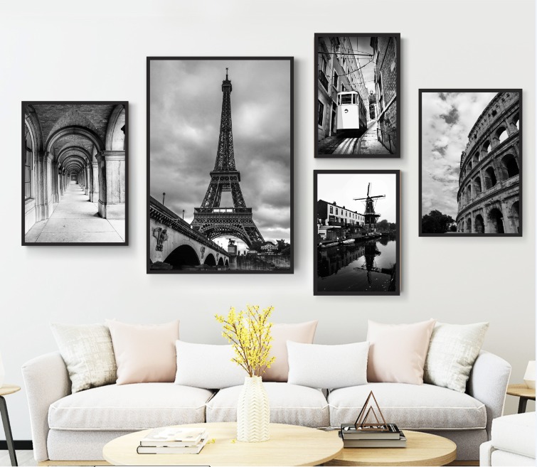 Bộ 5 khung tranh treo tường nghệ thuật in canvas - phong cảnh paris - kèm khung