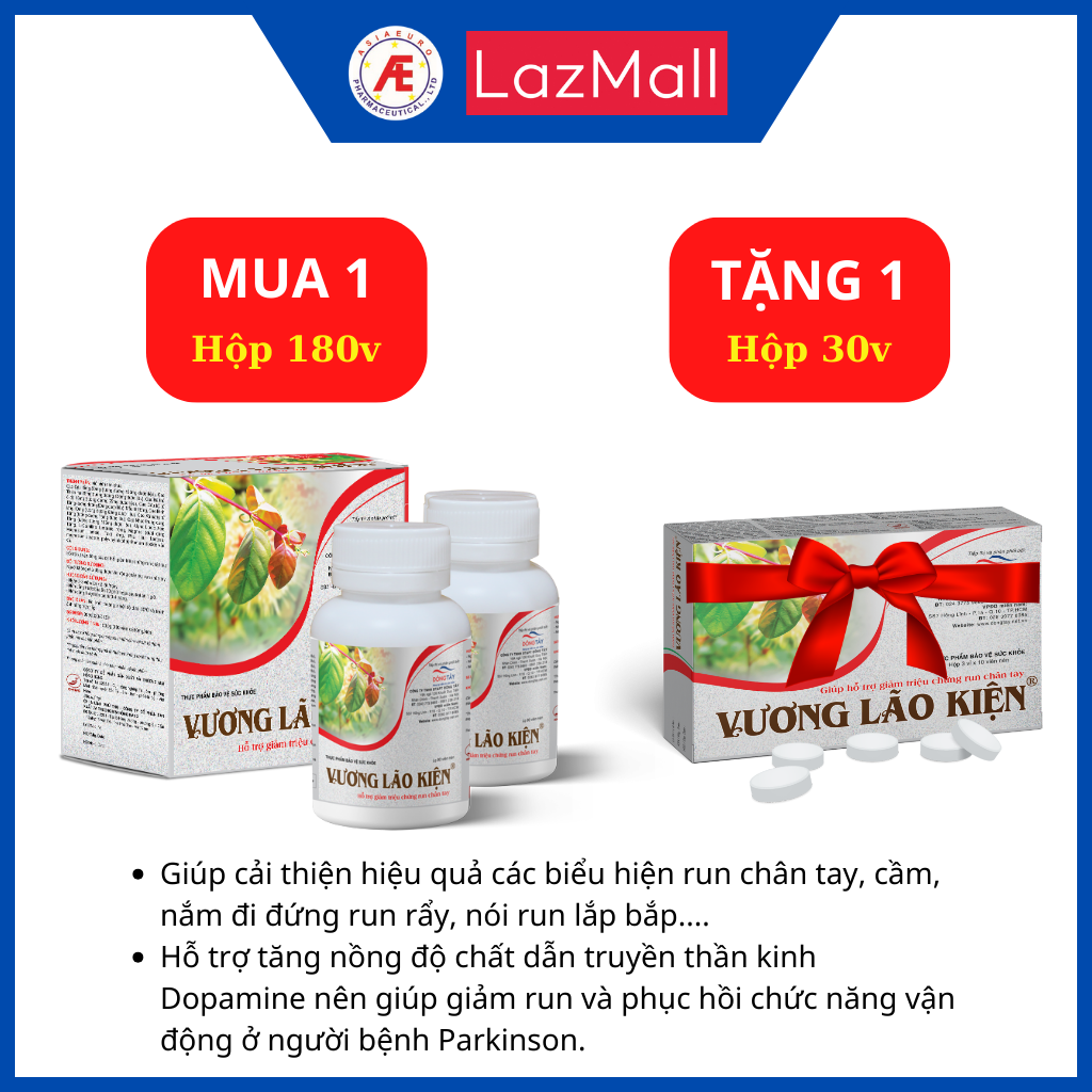 Vương Lão Kiện - hỗ trợ giảm run tay chân - Combo 1 hộp Vương Lão Kiện 180 viên (2 lọ x 90 viên) tặng 1 hộp 30 viên