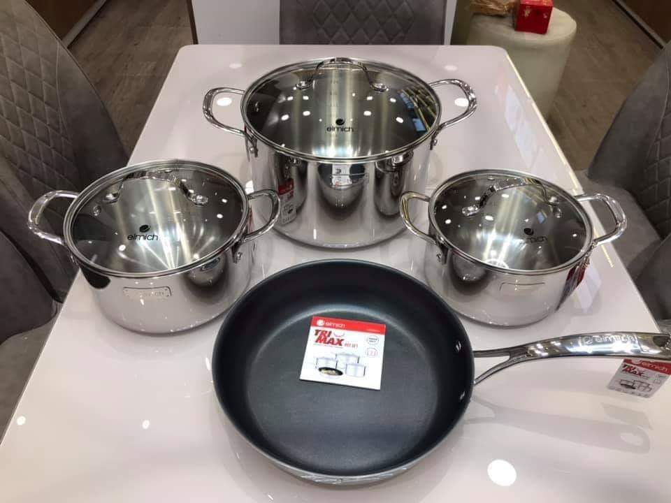 Bộ nồi chảo inox đáy liền elmich cao cấp el-3742 gồm 3 nồi 18-20-26cm và chảo 26cm