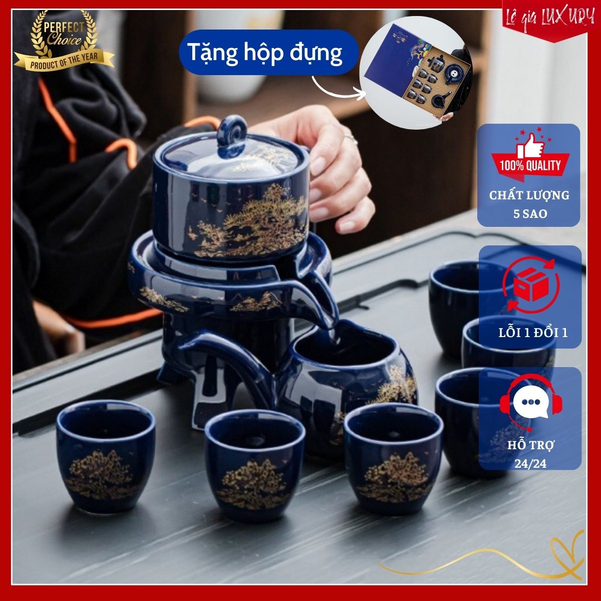 Bộ ấm chén pha trà Cối Xay Xanh Lam - Hàng cao cấp họa tiết vẽ Vàng , Bộ ấm chén trà đạo, Bộ ấm chén uống trà cao cấp