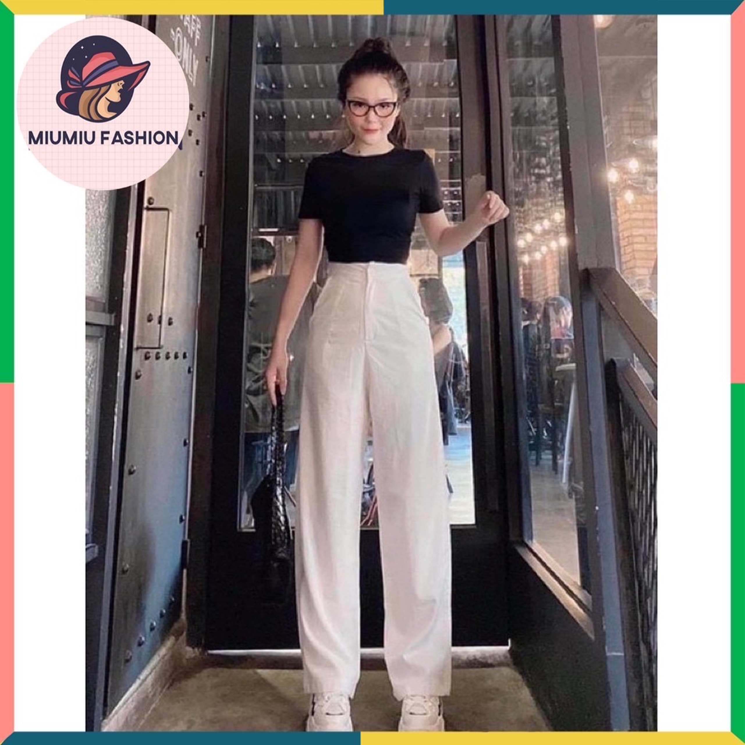 Quần culottes ống rộng vải đũi xước cạp cao khóa thật dáng dài – Màu Đen Trắng và Kem– Quần nữ ống rộng công sở cạp cao - Shop đồ lót xinh