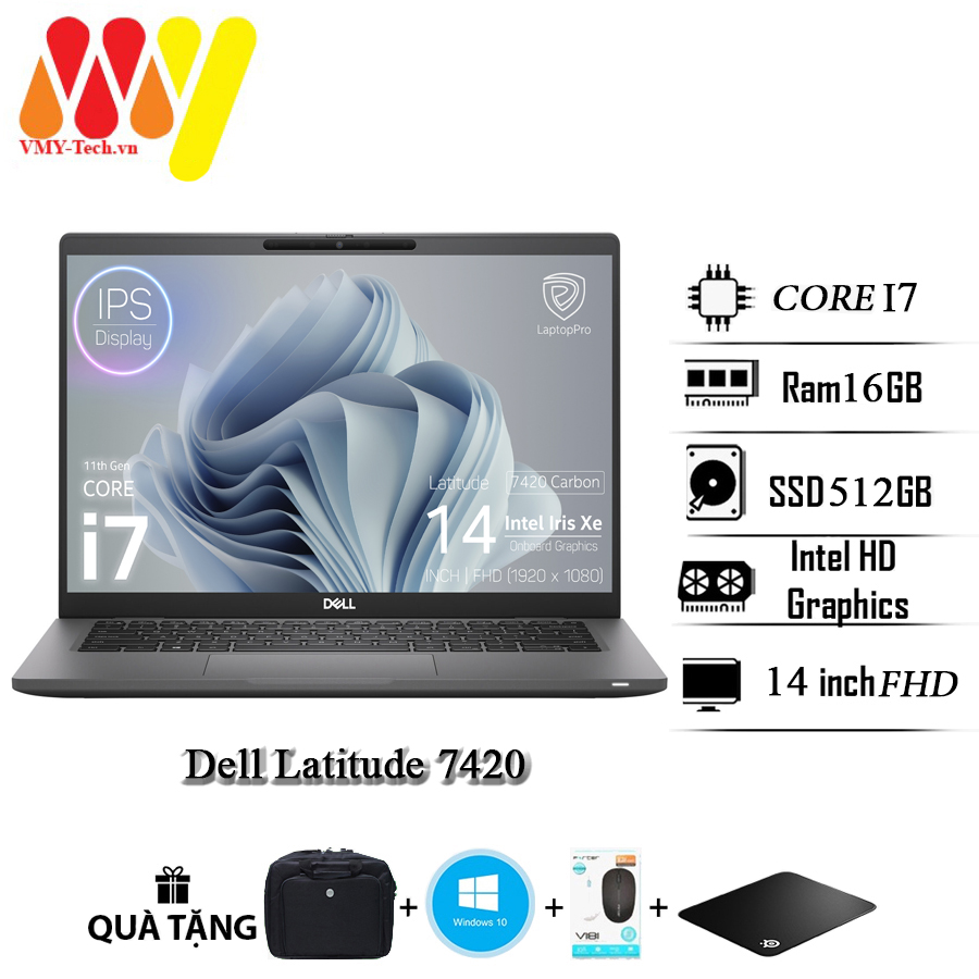 Laptop Dell Latitude 7420 dùng cho văn phòng, sinh viên, Core i7-1185G7, Ram 16GB, SSD 512GB, Màn hình 14inch Full HD, tặng kèm bộ quà tặng cao cấp
