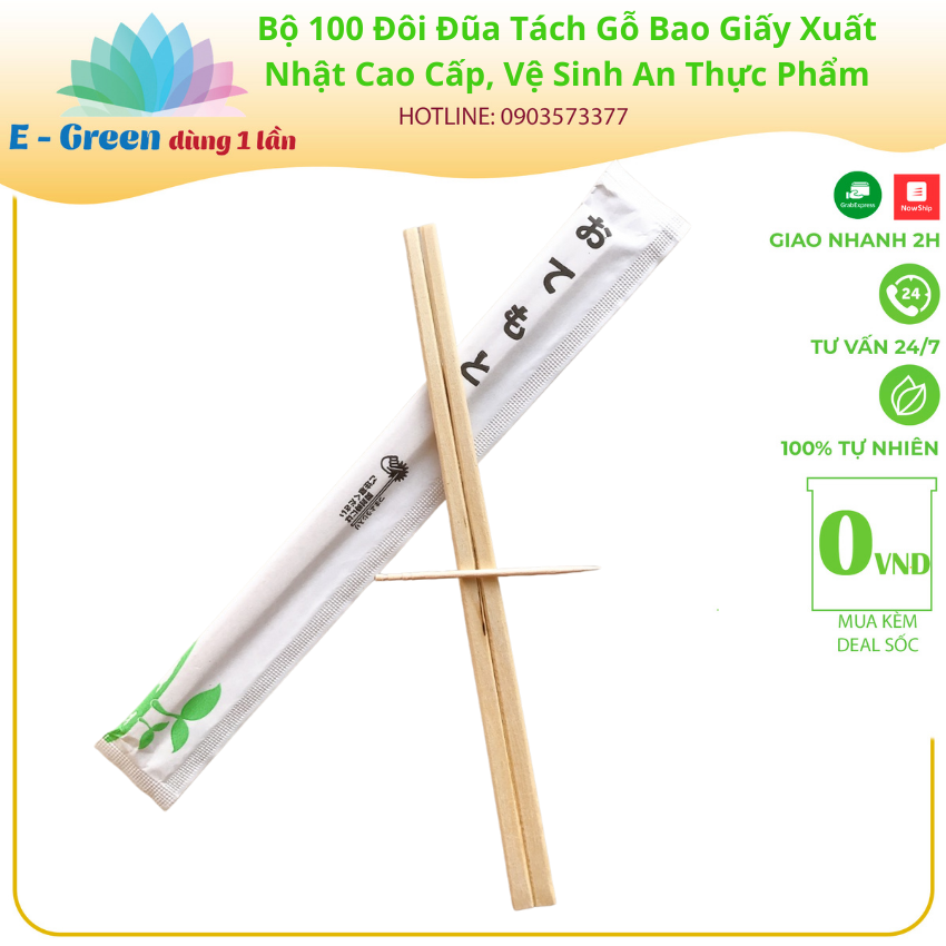 [Freeship+Giảm Giá 5K] Bịch 100 Đôi Đũa dùng một lần kiểu Nhật tách đôi kèm tăm có bao giấy tiệt trùng tiện lợi - E Green Dùng 1 Lần