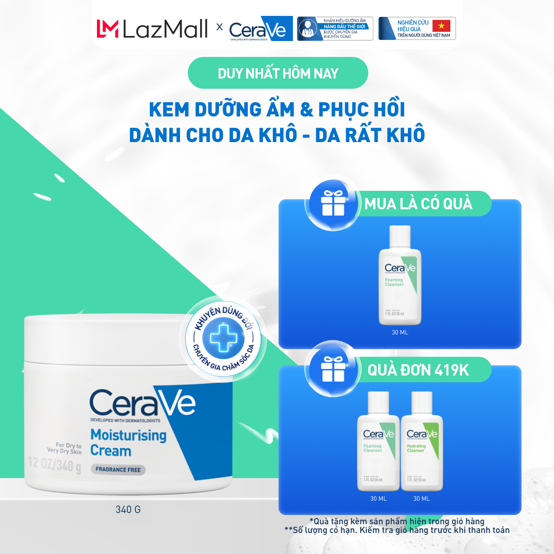Kem dưỡng ẩm phục hồi sâu và ẩm mịn suốt 48H dành cho da khô, duy trì hàng rào bảo vệ da CERAVE MOISTURISING CREAM 340G