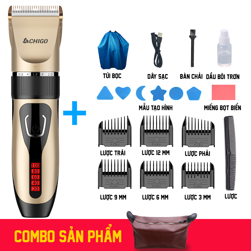 Tông đơ cắt tóc chigo lưỡi sứ cao cấp chống nước màn hình led hiển thị pin