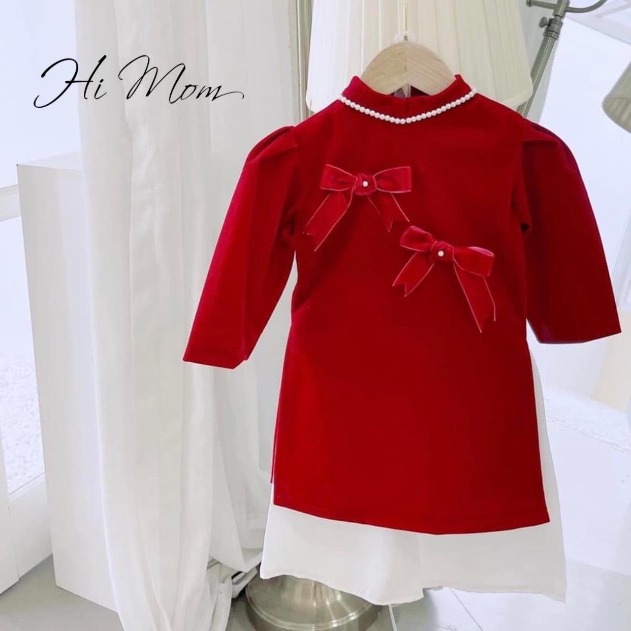 Áo dài nhung đỏ thượng hạng cho bé gái diện Tết