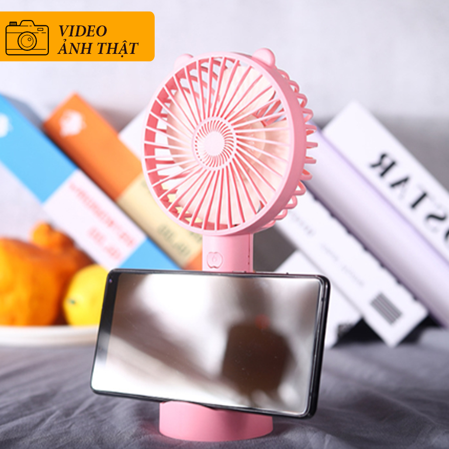 Quạt cầm tay tích điện mini bỏ túi tai thỏ 3 chế độ có giá đỡ điện thoại kèm pin cáp sạc và chân đế - Đa năng tiện dụng - Đồ dùng tiện ích Raffer