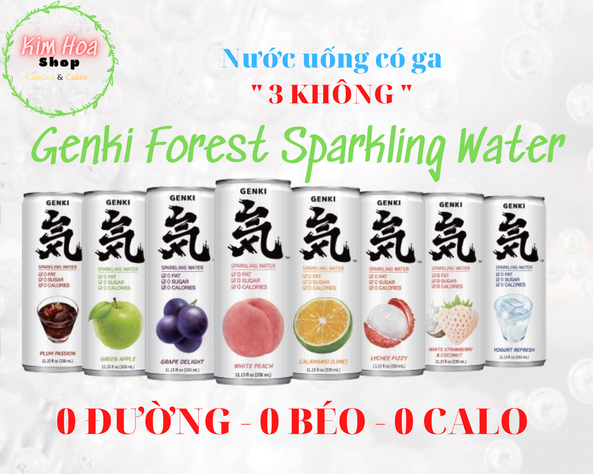Nước giả khát có ga Genki Forest Sparkling Water 3 không 0 ĐƯỜNG 0 CHẤT BÉO 0 CALO với 7 hương vị hoa quả tự nhiên 330ML