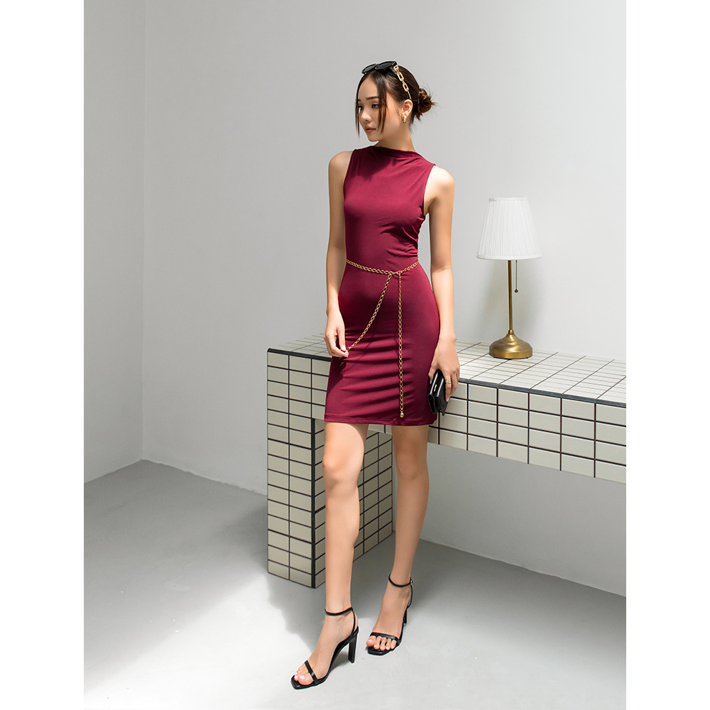 Đầm thun body sát nách YV LE & CO màu đỏ rượu vang thời thượng gợi cảm