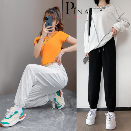 Quần jogger nữ bo thun ống rộng vải da cá mềm mại kiểu dáng thể thao