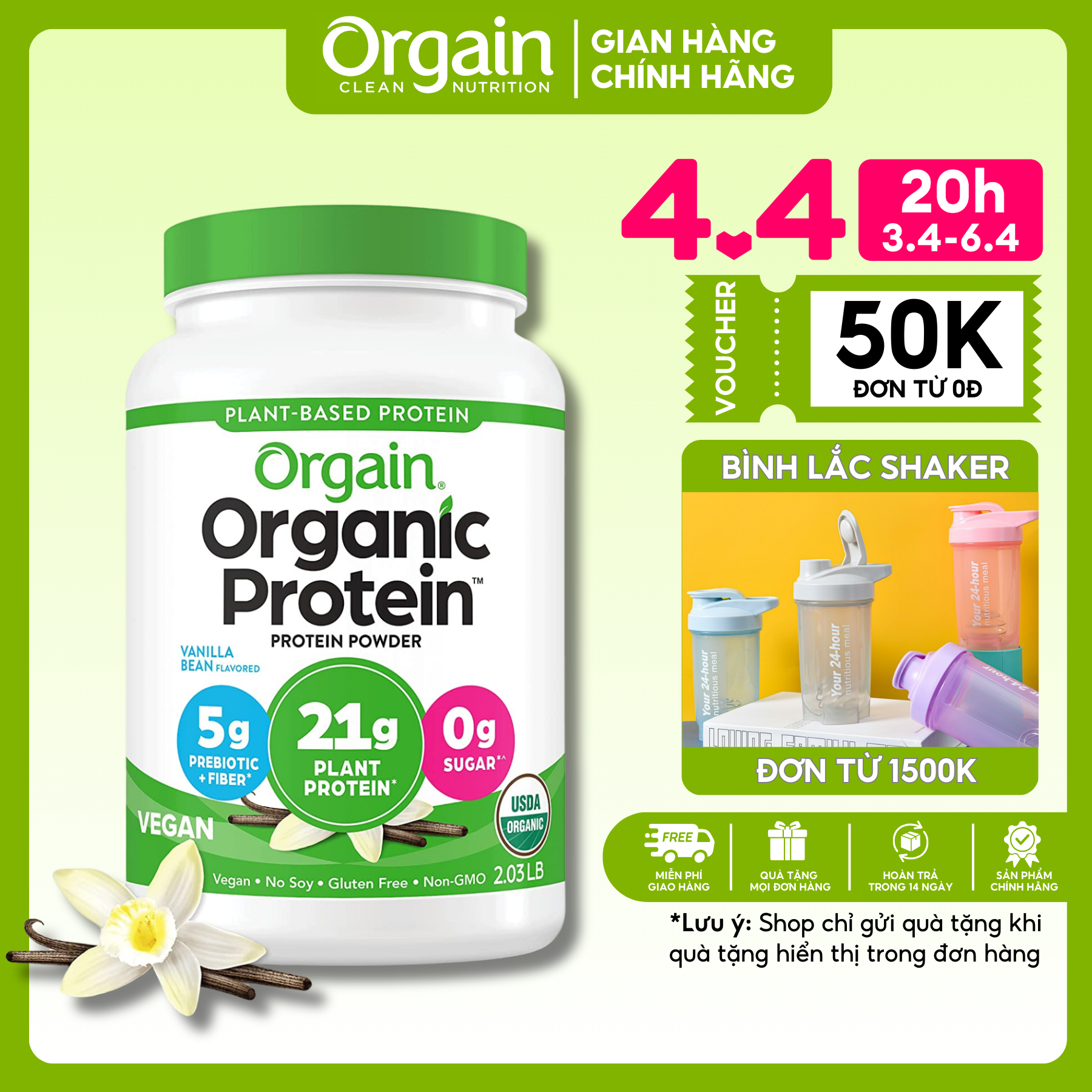 Bột đạm Orgain Organic Protein thực vật hữu cơ hỗ trợ phục hồi cơ bắp, tăng cường miễn dịch 920g