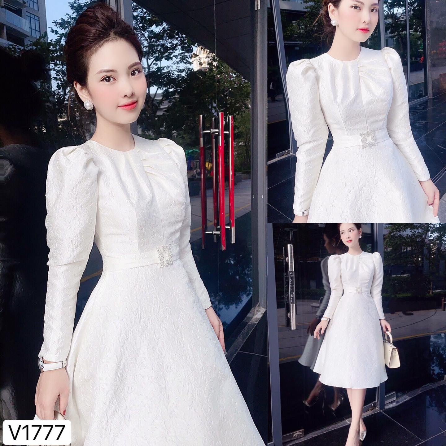 Đầm trắng gấm xòe cao cấp - Đầm dự tiệc cao cấp