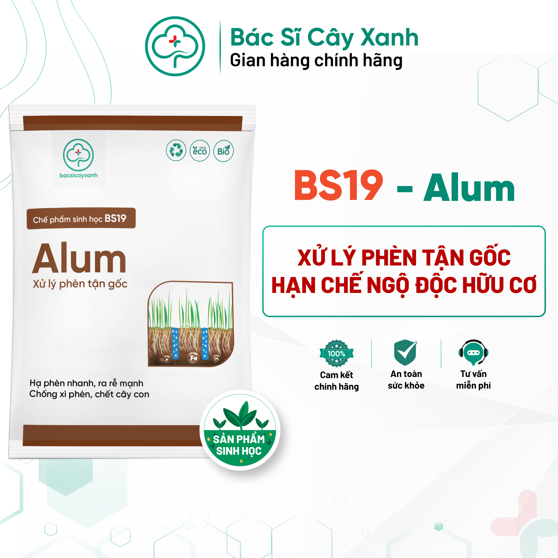 Chế phẩm hạ phèn nhanh, cải tạo đất nhiễm mặn, chống ngộ độc hữu cơ BS19 Alum 500g NSX Bacsicayxanh
