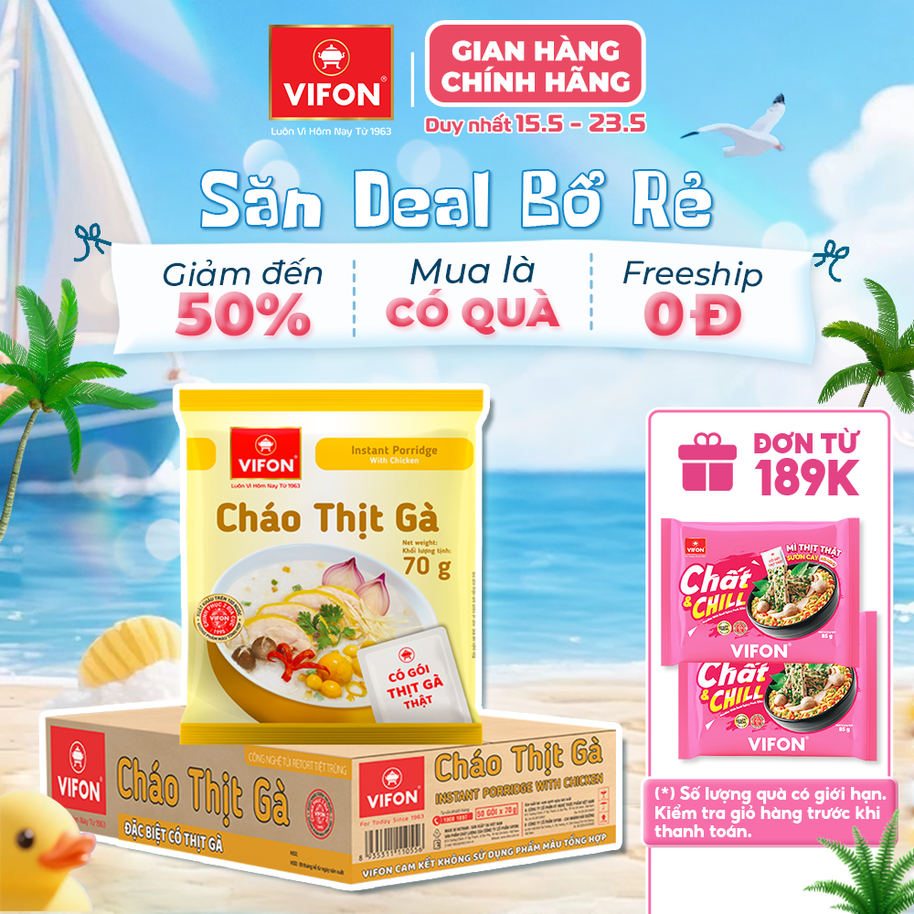 [VOUCHER 15%] Cháo Thịt Gà/ Thịt Bằm/ Cháo Sườn/ Nấm Đông Cô/ Bò/ Trứng muối VIFON 70gr/ gói