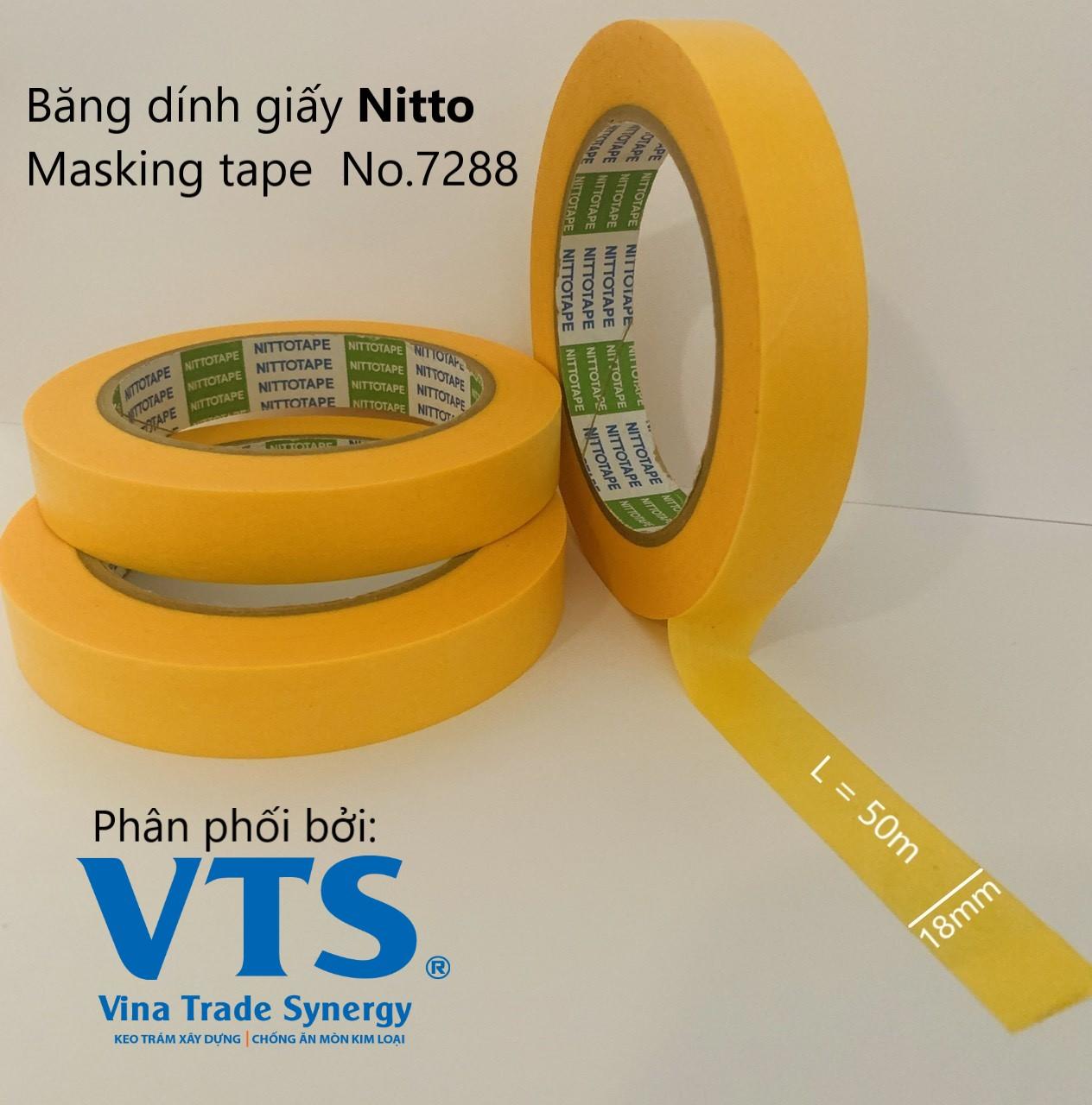 Băng dính giấy Nitto No7288, băng dính giấy Nhật Bản, băng dính che sơn, băng dính chịu nhiệt 150 độ và không để lại keo - Combo 3 cuộn 18mm x 50m