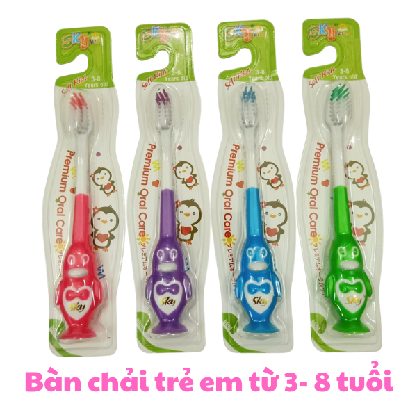 Bàn chải đánh răng cho bé bàn chải đánh răng trẻ em Sky hình con chim cánh cụt ngộ ngĩnh cho bé 3 tuổi - 8 tuổi có đế hít