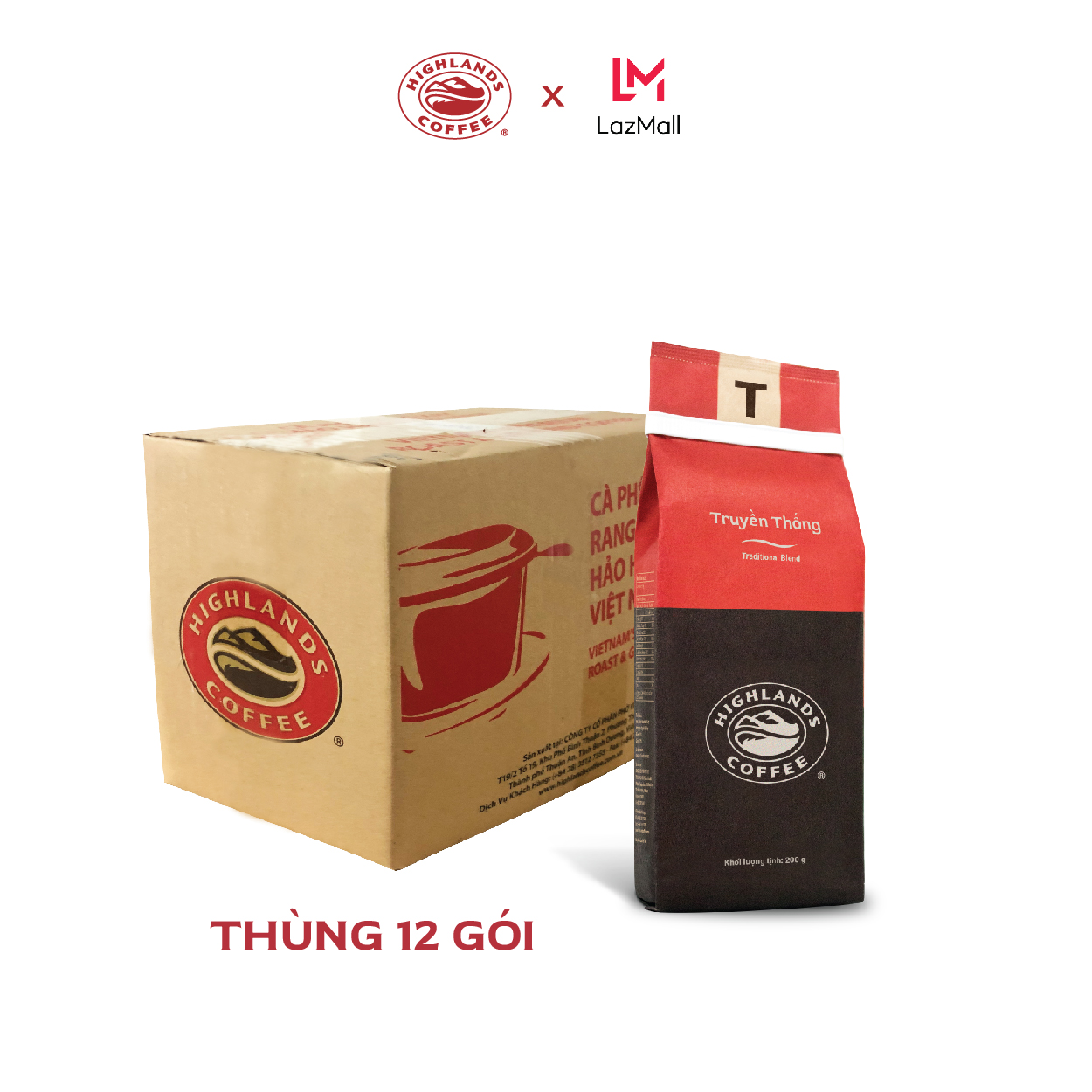 Thùng 12 gói Cà phê rang xay Truyền Thống Highlands Coffee 200g