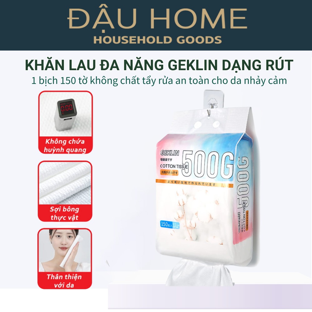 [Túi 150 tờ] Khăn vải Geklin Cotton 100% khử khuẩn, không sơ bụi, lau mặt tẩy trang, an toàn mềm mại cho da - Đậu Home