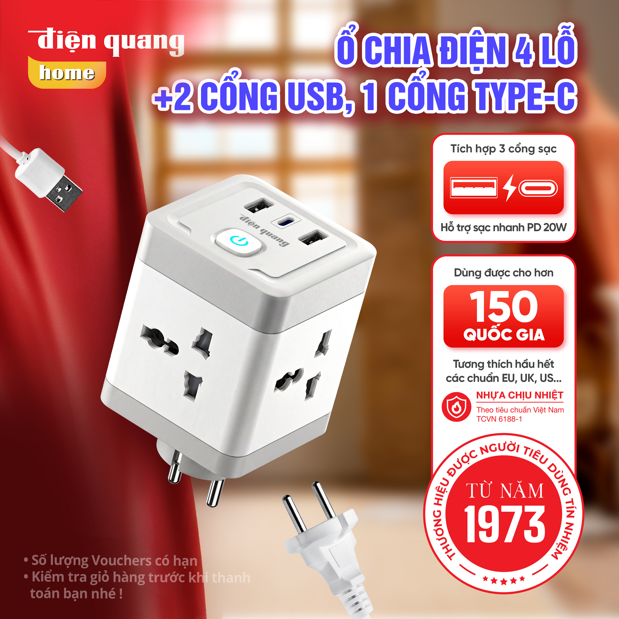 Smart multi-function optical square socket 2500w 4 holes 1 usb and 2 typec fast charging anti-shock, 12-month warranty