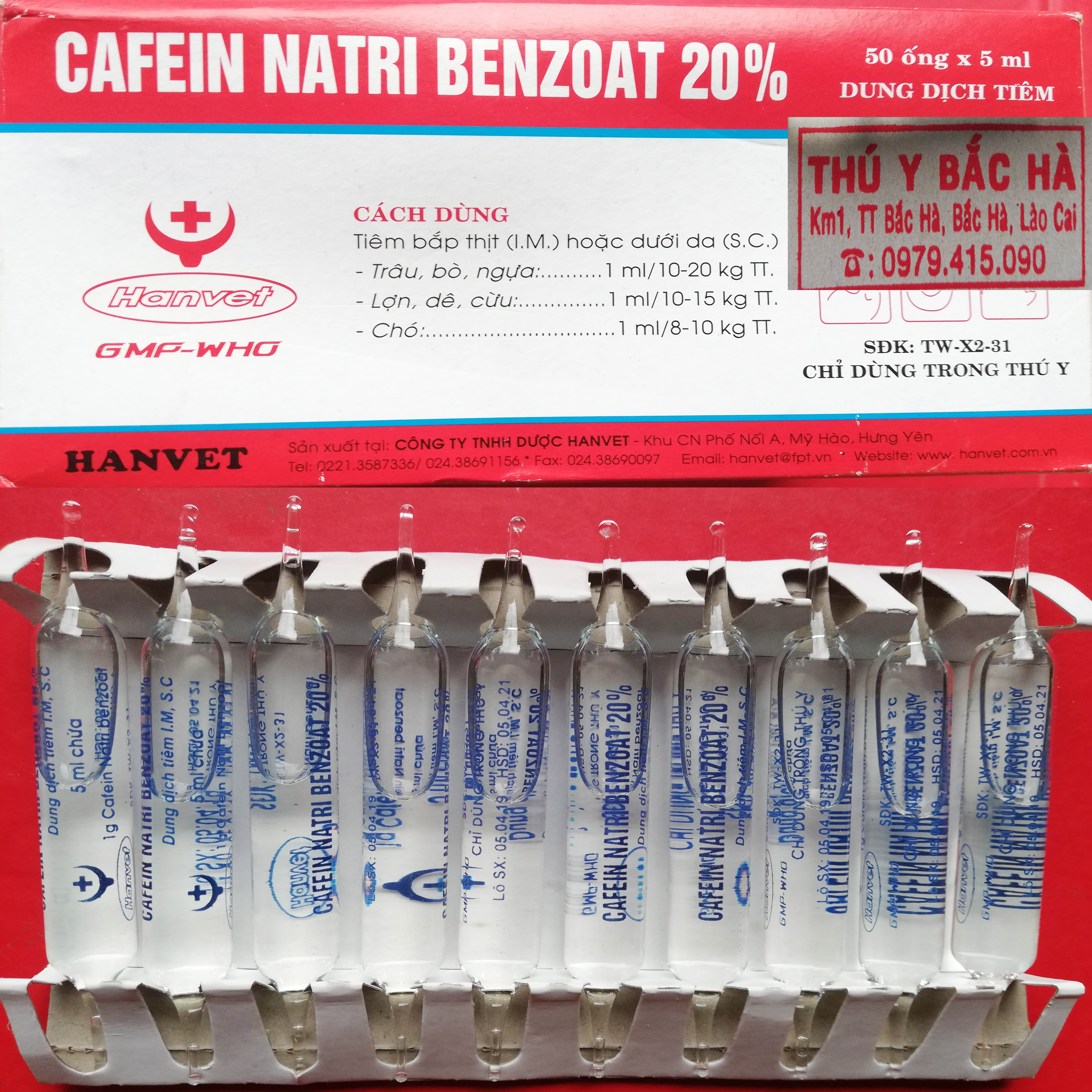 10 ống 5ml Cafein natri Benzoate 20 phần trăm dùng trợ tim, kích thích thần kinh, bị nhiễm độc, khó thở, giảm nhu động ruột, yếu cơ bắp hàng HANVET