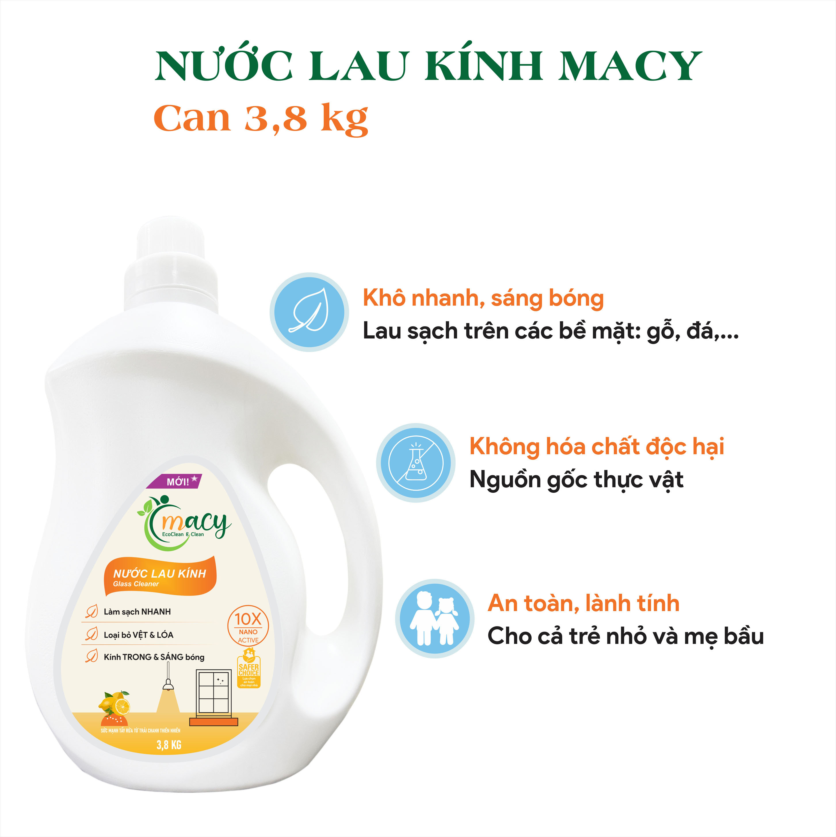 Nước lau kính Macy siêu sạch - 3,8kg hương hoa thiên nhiên