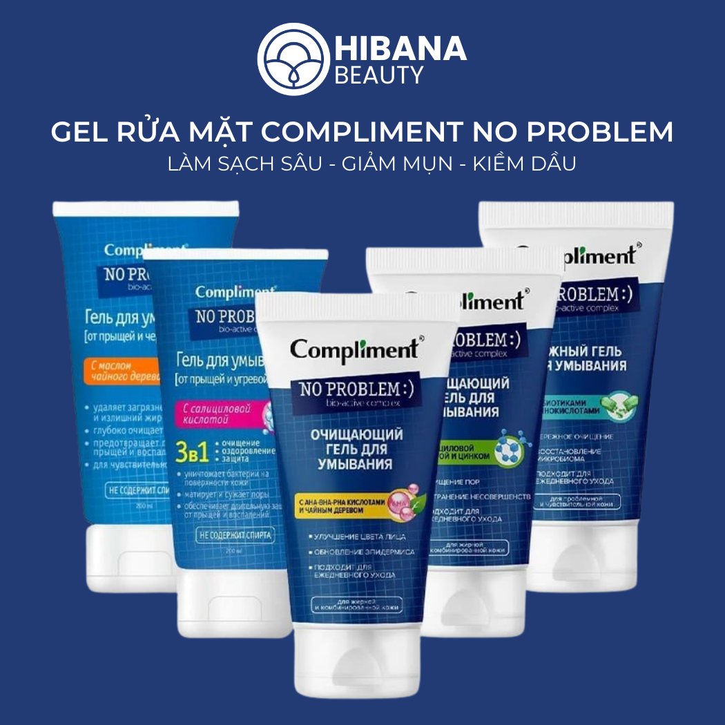 Gel Rửa Mặt Compliment No Problem Tea Tree, BHA & Zinc, AHA-BHA-PHA, Giảm Mụn Dành Cho Da Nhạy Cảm, 200ml